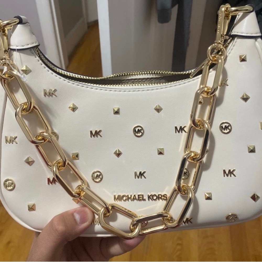 Mk White Cream Hand Bag with Gold Strap and Long White Strap